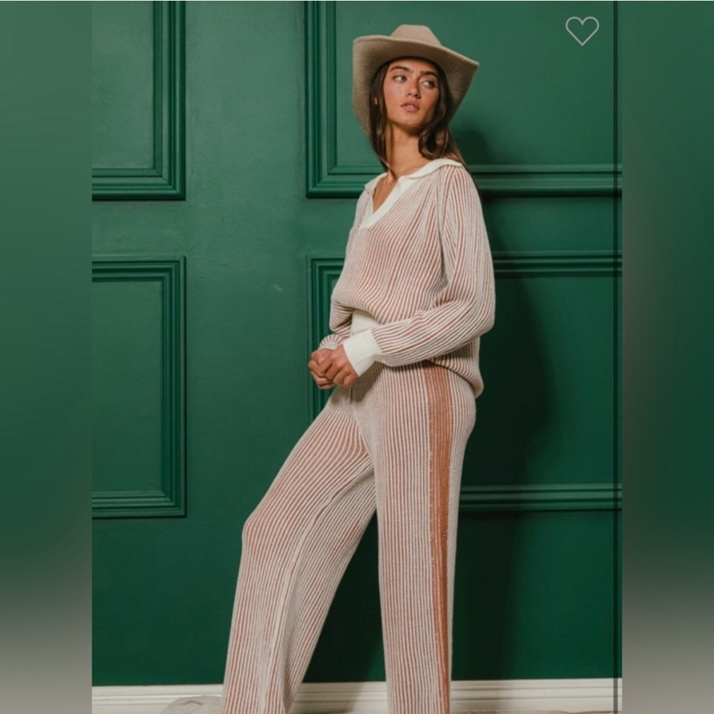 New Bibi Striped Cream and Brown Women's Pants Size L